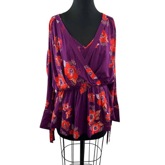 FREE PEOPLE Tuscan Dreams Floral Printed Tunic Top Mini Dress Plum Purple S SM - Picture 1 of 9
